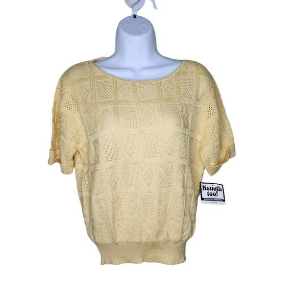 Vintage 80s Short Sleeve Pullover Sweater Womens Size L Yellow Open Knit NEW - Picture 1 of 6